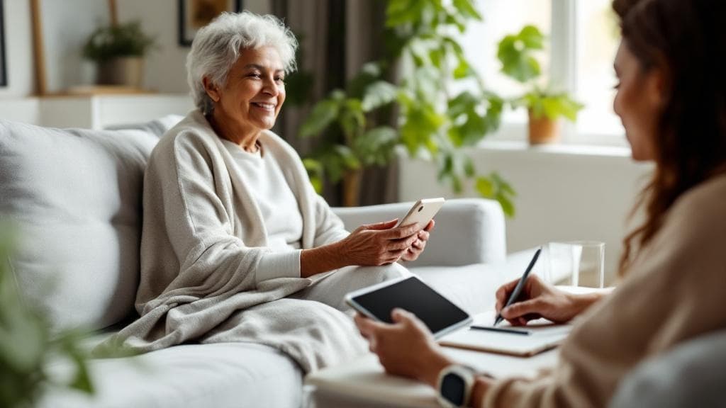 Patient and caregiver reviewing health data on a tablet