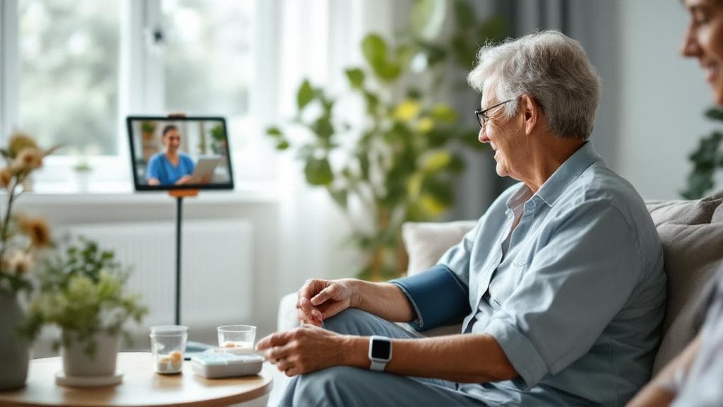 Patient using remote health monitoring with a care provider on screen